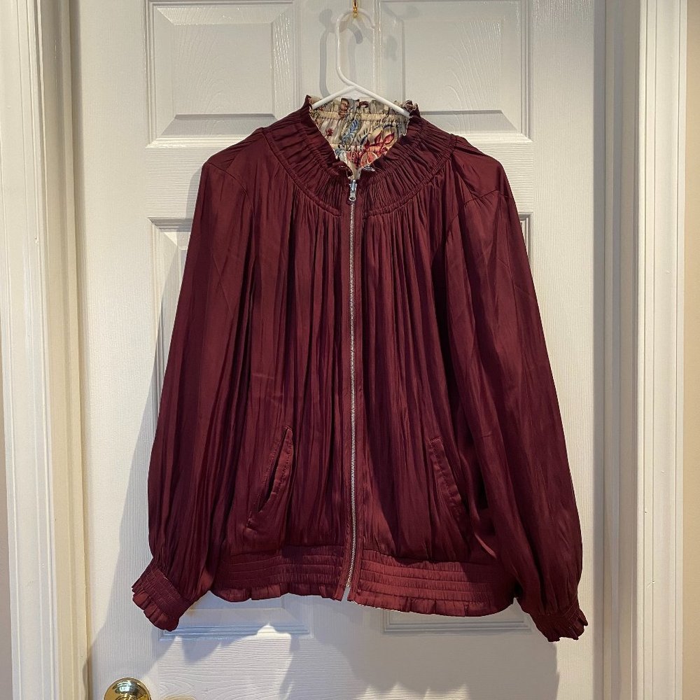 Chico's REVERSIBLE FLORAL-MERLOT BOMBER JACKET L